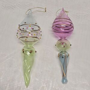 2 Hand Blown Lime Art Glass Finial Christmas Ornament Raised Polka Dots Trim 7"